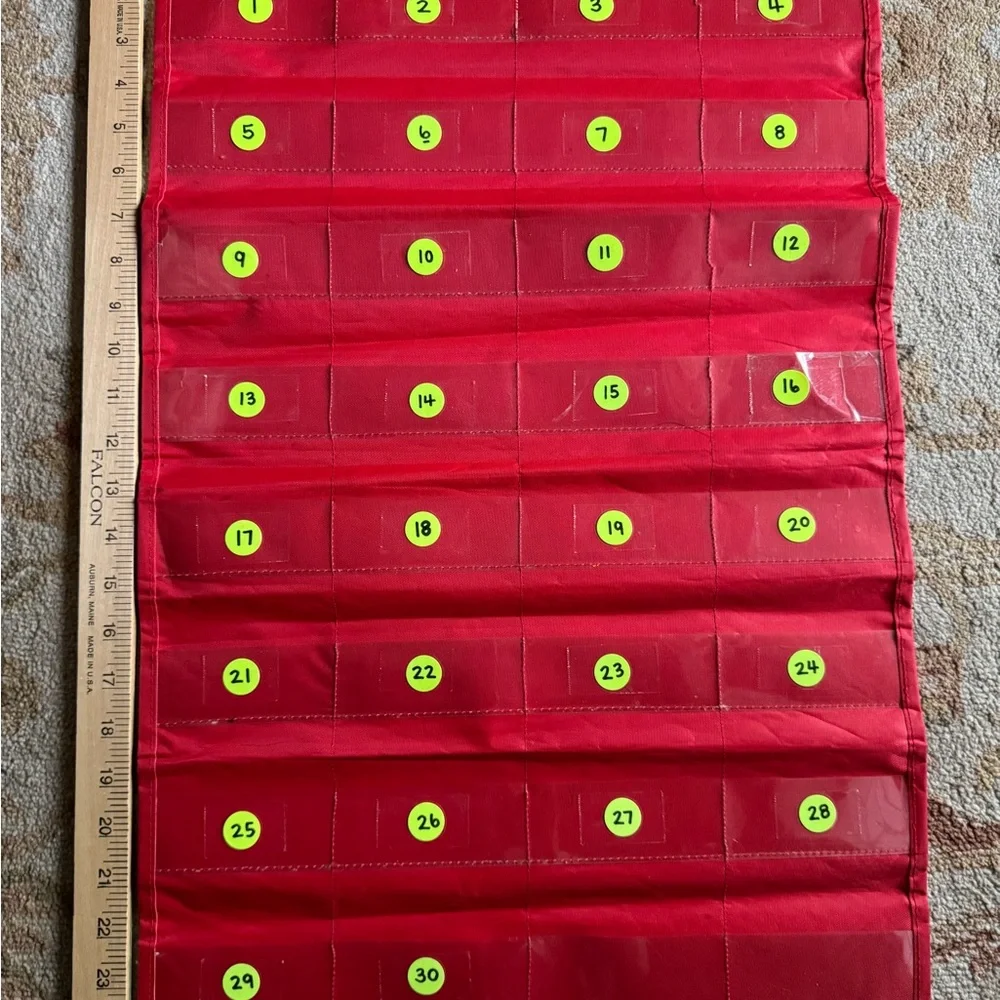 Red Organizer with Numbered Pockets 25”x16” total 32 pockets